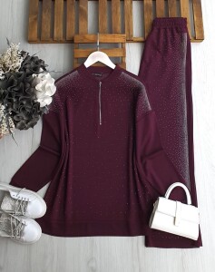 BUNA TAŞLI YARIM FERMUARLI İKİLİ TAKIM B2-7-1658-04-BORDO - 