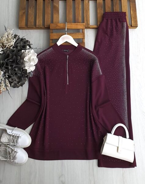 BUNA TAŞLI YARIM FERMUARLI İKİLİ TAKIM B2-2-1658-04-BORDO - 1