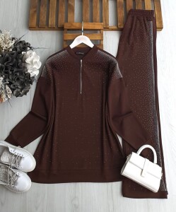 BUNA TAŞLI YARIM FERMUARLI İKİLİ TAKIM B2-2-1658-37-KAHVE - 