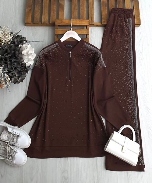 BUNA TAŞLI YARIM FERMUARLI İKİLİ TAKIM B2-2-1658-37-KAHVE - 1