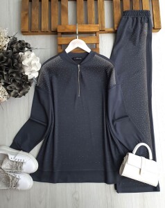 BUNA TAŞLI YARIM FERMUARLI İKİLİ TAKIM B2-2-1658-58-FÜME - 