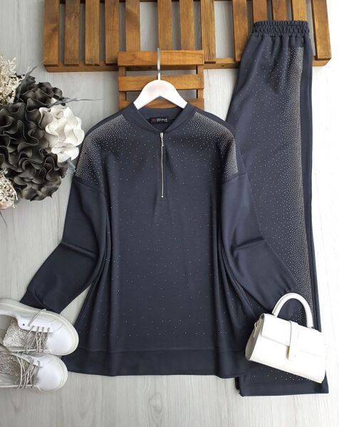 BUNA TAŞLI YARIM FERMUARLI İKİLİ TAKIM B2-2-1658-58-FÜME - 1