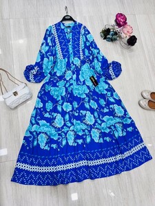 BUSA PATLI YARIM DÜĞMELİ HAKİM SALAŞ ELBİSE C4-2283-10 MAVİ - 