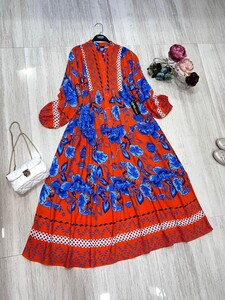 BUSA PATLI YARIM DÜĞMELİ HAKİM SALAŞ ELBİSE C4-2283-72 ORANJ-MAVİ - 1
