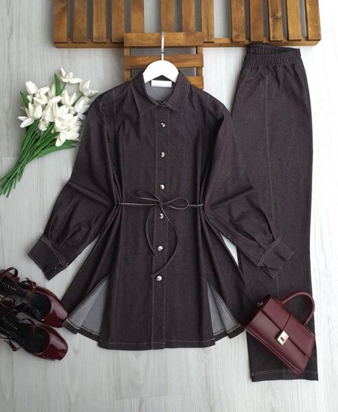 BUSYA ÖNÜ YIRTMAÇLI BELİ İPLİ KOT TAKIM A3-5-1740-37-KAHVE - 1