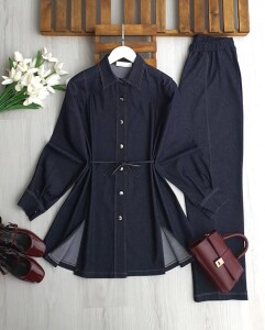 BUSYA ÖNÜ YIRTMAÇLI BELİ İPLİ KOT TAKIM A3-5-1740-12-LACİVERT - 1