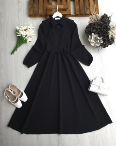 BUVGA YANDAN BAĞLAMALI YELEK BELİ LASTİKLİ ELBİSE TAKIM 2425-01-SİYAH - 1