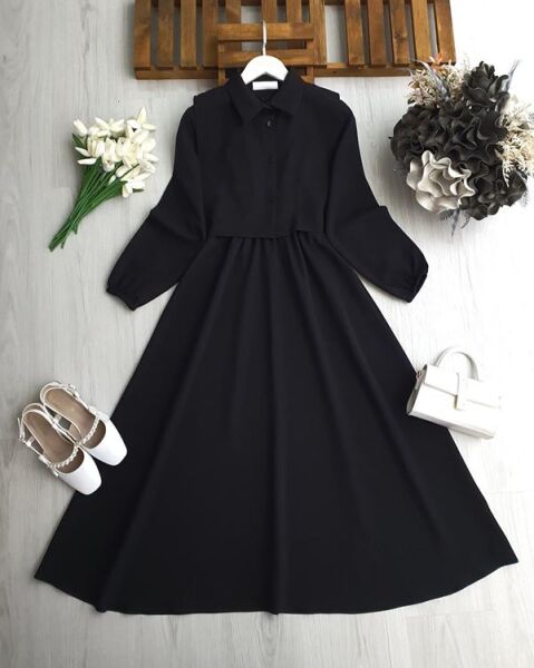 BUVGA YANDAN BAĞLAMALI YELEK BELİ LASTİKLİ ELBİSE TAKIM 2425-01-SİYAH - 1