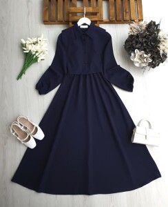 BUVGA YANDAN BAĞLAMALI YELEK BELİ LASTİKLİ ELBİSE TAKIM 2425-12-LACİVERT - 1