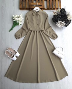 BUVGA YANDAN BAĞLAMALI YELEK BELİ LASTİKLİ ELBİSE TAKIM 2425-25-VİZON - 1