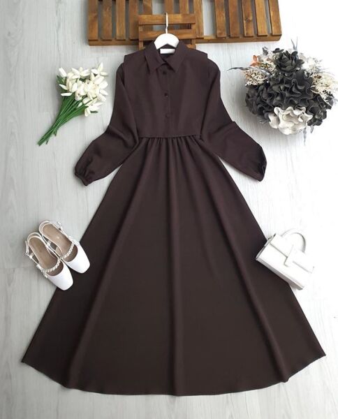 BUVGA YANDAN BAĞLAMALI YELEK BELİ LASTİKLİ ELBİSE TAKIM 2425-37-KAHVE - 1