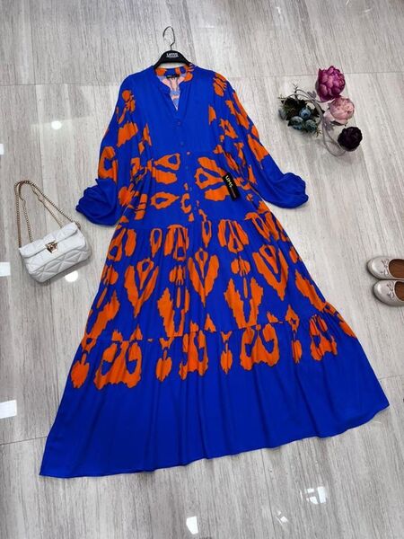 BUYSE PATLI YARIM DÜĞMELİ HAKİM YAKA SALAŞ ELBİSE A10-2-2284-15-ORANJ - 1