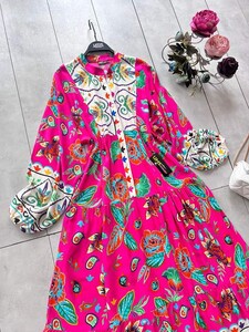 ÇAĞLA DESENLİ PATLI YARIM DÜĞMELİ SALAŞ ELBİSE C4-2300-28-FUŞYA - 