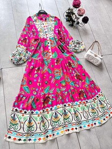 ÇAĞLA DESENLİ PATLI YARIM DÜĞMELİ SALAŞ ELBİSE D4-2300-28-FUŞYA - 2