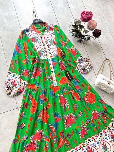 ÇAĞLA DESENLİ PATLI YARIM DÜĞMELİ SALAŞ ELBİSE D4--2300-54-BENETTON - 2