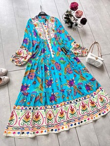 ÇAĞLA DESENLİ PATLI YARIM DÜĞMELİ SALAŞ ELBİSE C4-2300-59-TURKUAZ - 