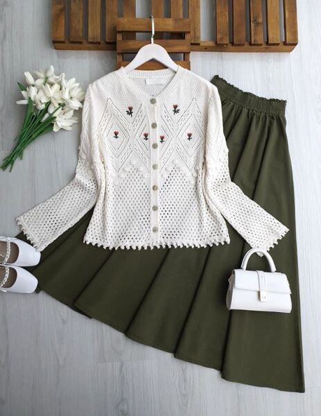 CANSA ÜST NAKIŞLI ALTI AJURLU DOKUMA HIRKA 8211-20-BEYAZ - 1