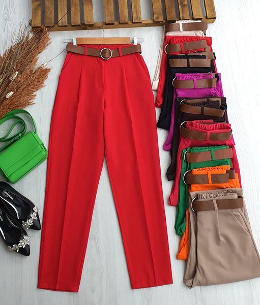 CAYH KEMERLİ BELİ LASTİKLİ HAVUÇ PANTOLON A7-2-23262-03-KIRMIZI - 1