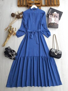 CELN KOL FIRFIRLI TOP DÜĞMELİ KETEN ELBİSE B10-3-2293-11-İNDİGO - 