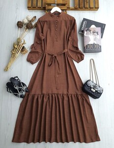 CELN KOL FIRFIRLI TOP DÜĞMELİ KETEN ELBİSE B10-3-2293-37-KAHVE - 