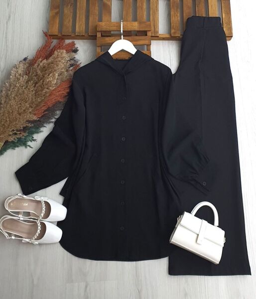 CEYDE ÖNÜ DÜĞMELİ KAPÜŞONLU SALAŞ TUNİK KAP B2-4-5671-01-SİYAH - 1