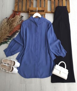 CEYDE ÖNÜ DÜĞMELİ KAPÜŞONLU SALAŞ TUNİK KAP B2-4-5671-11-İNDİGO - 1