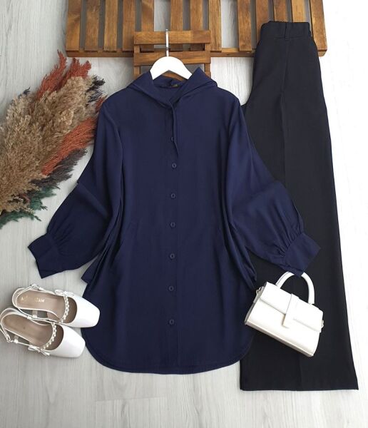 CEYDE ÖNÜ DÜĞMELİ KAPÜŞONLU SALAŞ TUNİK KAP B2-4-5671-12-LACİVERT - 1