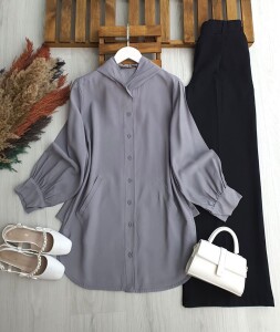 CEYDE ÖNÜ DÜĞMELİ KAPÜŞONLU SALAŞ TUNİK KAP 5671-26-GRİ - 