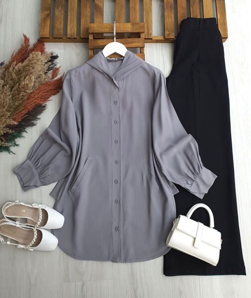 CEYDE ÖNÜ DÜĞMELİ KAPÜŞONLU SALAŞ TUNİK KAP 5671-26-GRİ - 1