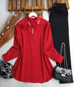 CEYLAN EL İŞİ TAŞ İŞLEMELİ KETEN GÖMLEK TUNİK 5439-03-KIRMIZI - 