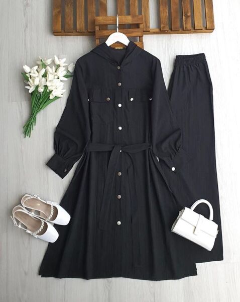 ÇİLENA TAM BOY KAP BOL PANTOLON TAKIM 1719-01-SİYAH - 1