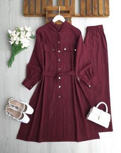 ÇİLENA TAM BOY KAP BOL PANTOLON TAKIM 1719-04-BORDO - 1