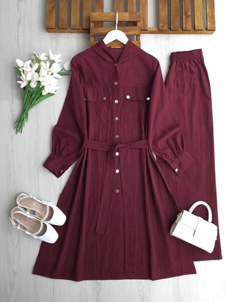 ÇİLENA TAM BOY KAP BOL PANTOLON TAKIM 1719-04-BORDO - 1