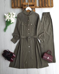 ÇİLENA TAM BOY KAP BOL PANTOLON TAKIM 1719-09-HAKİ - 1