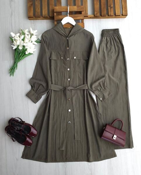 ÇİLENA TAM BOY KAP BOL PANTOLON TAKIM 1719-09-HAKİ - 1