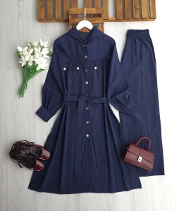 ÇİLENA TAM BOY KAP BOL PANTOLON TAKIM 1719-12-LACİVERT - 1