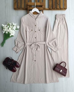 ÇİLENA TAM BOY KAP BOL PANTOLON TAKIM 1719-34-BEJ - 1