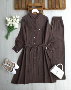 ÇİLENA TAM BOY KAP BOL PANTOLON TAKIM 1719-37-KAHVE - 1