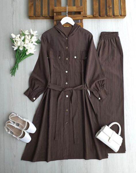 ÇİLENA TAM BOY KAP BOL PANTOLON TAKIM 1719-37-KAHVE - 1