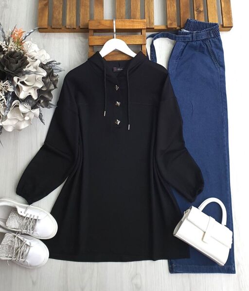 CILSA METAL ÜÇ DÜĞME KAPŞONLU TUNİK B5-4-5604-01-SİYAH - 1