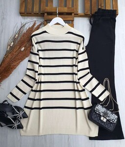 ÇİZGİLİ YAN YIRTMAÇLI SALAŞ TRİKO TUNİK C6-8114-34-BEJ - 