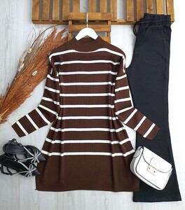 ÇİZGİLİ YAN YIRTMAÇLI SALAŞ TRİKO TUNİK C6-8114-37-KAHVE - 