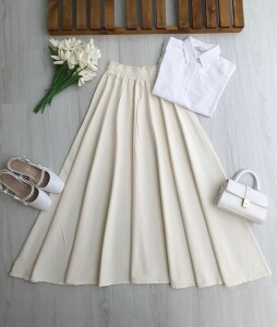 COPHA BELİ LASTİKLİ KİLOŞ KETEN ETEK 6121-50-KEMİK - 1