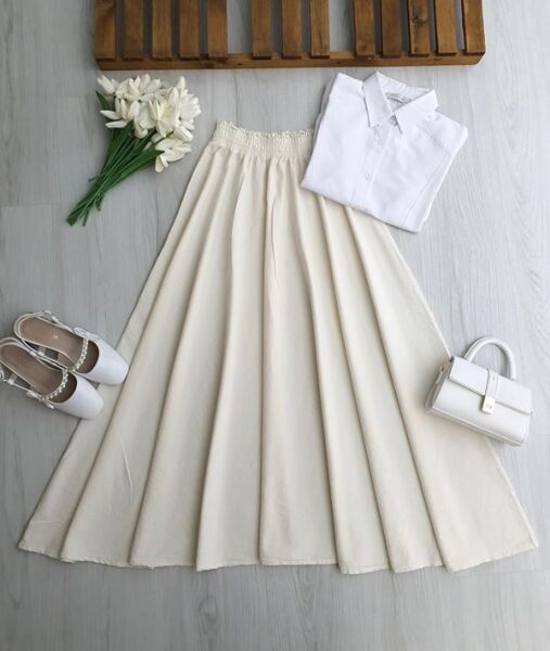 COPHA BELİ LASTİKLİ KİLOŞ KETEN ETEK 6121-50-KEMİK - 1