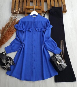 COYE HAKİM YAKA FIRFIRLI KETEN GÖMLEK TUNİK C8-5319-14-SAKS - 