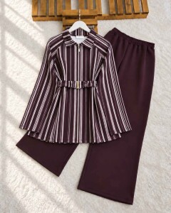 CUDDA ÇİZGİLİ FERMUARLI BÜZGÜ KEMERLİ CEKET KAP BOL PANTOLON TAKIM B8-4-10032-04-BORDO 