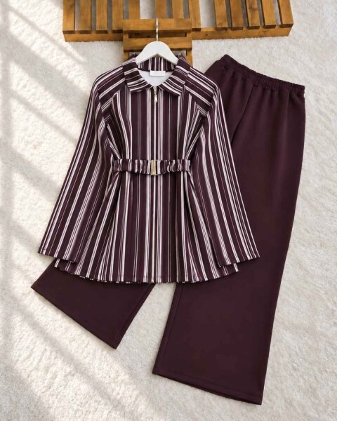 CUDDA ÇİZGİLİ FERMUARLI BÜZGÜ KEMERLİ CEKET KAP BOL PANTOLON TAKIM B8-4-10032-04-BORDO - 1