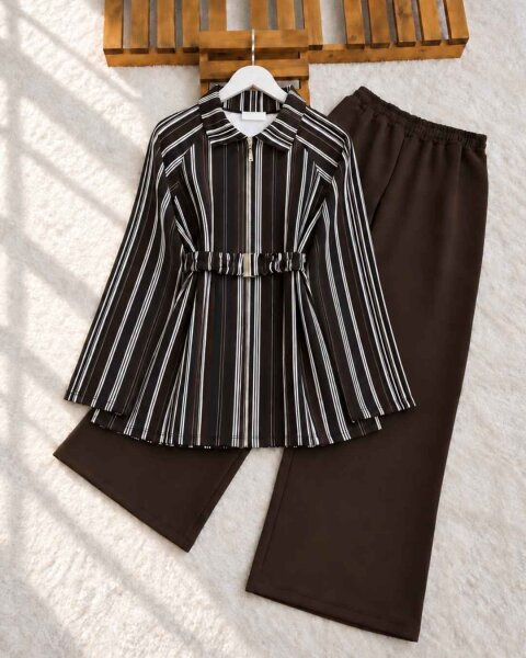 CUDDA ÇİZGİLİ FERMUARLI BÜZGÜ KEMERLİ CEKET KAP BOL PANTOLON TAKIM B8-4-10032-37-KAHVE - 1