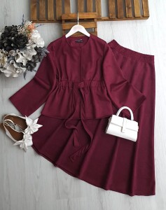 CUGE TEK DÜĞME YANLARI LASTİKLİ ÖNÜ BAĞLAMALI SÜET ETEKLİ TAKIM 1680-04-BORDO - 