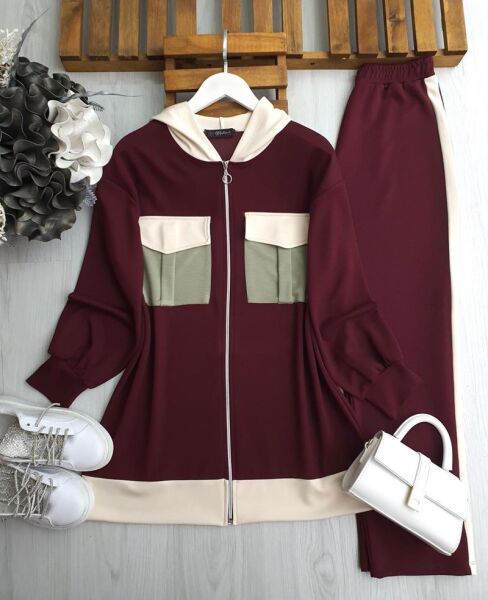 CUGHA GARNİLİ ÇİFT CEP FERMUARLI İKİLİ TAKIM B3-2-1661-04-BORDO - 1